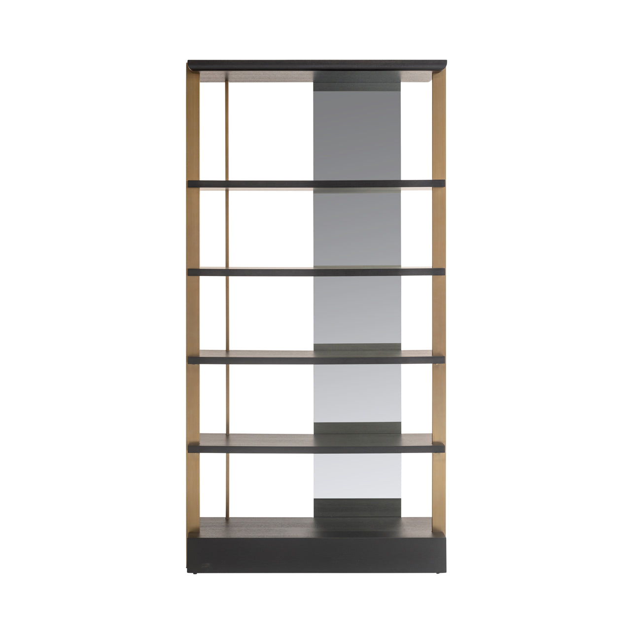 Modern wall shelving unit with mirror back gold frame and dark wood shelves