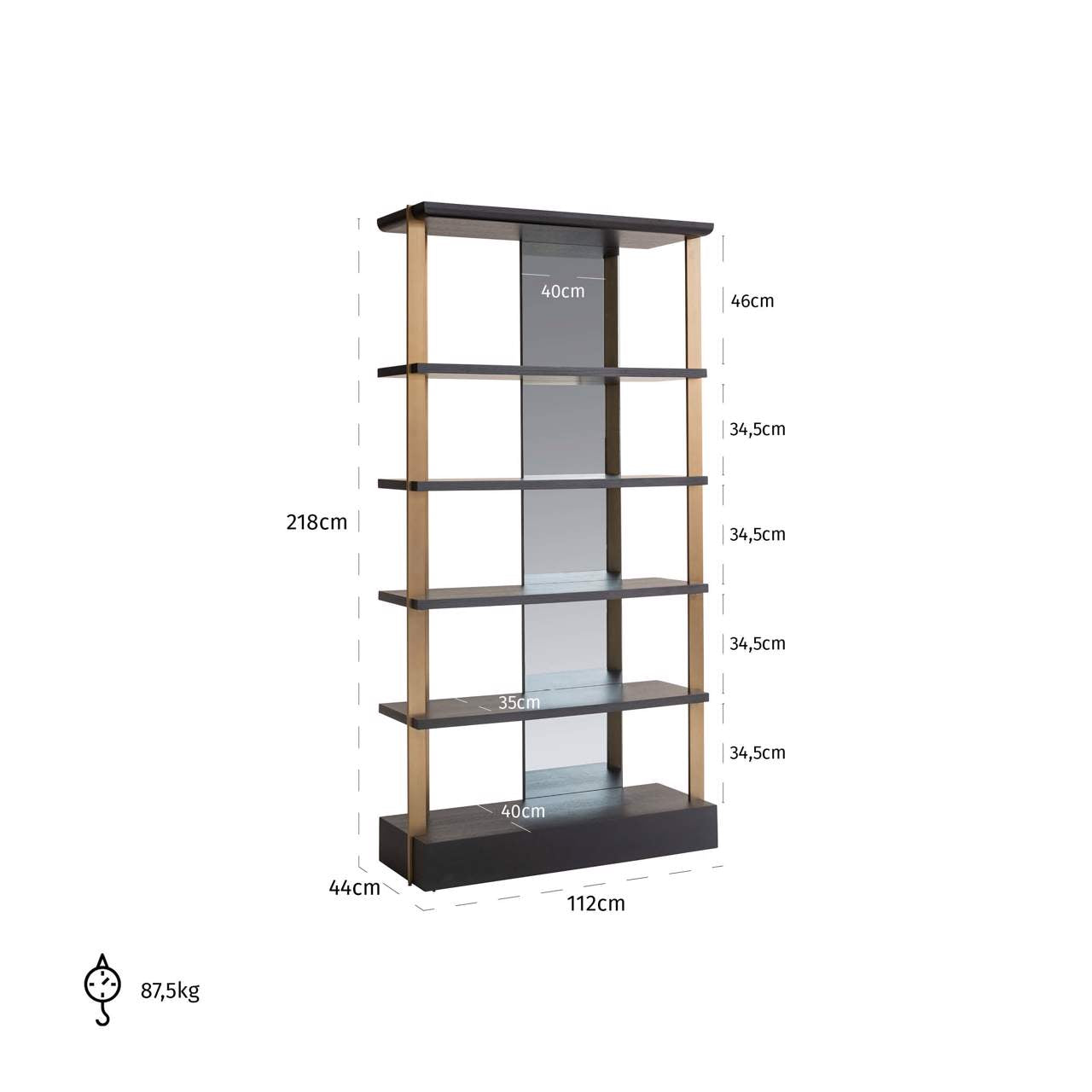 Modern wall shelving unit with mirror back gold frame and dark wood shelves