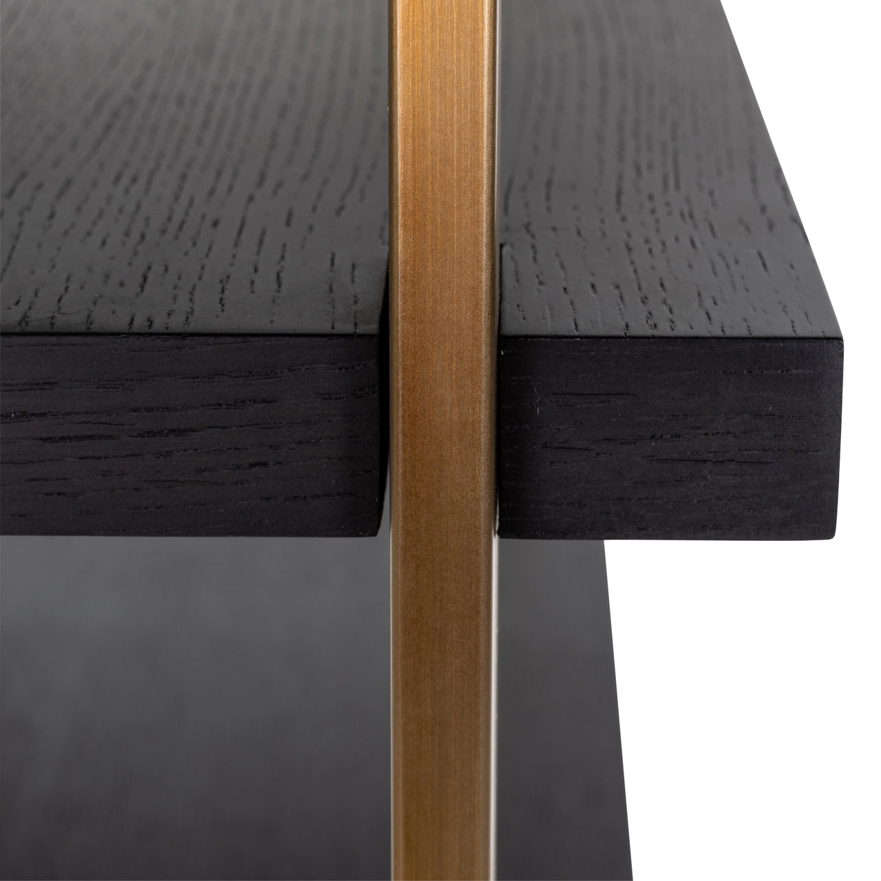 Modern wall shelving unit with mirror back gold frame and dark wood shelves