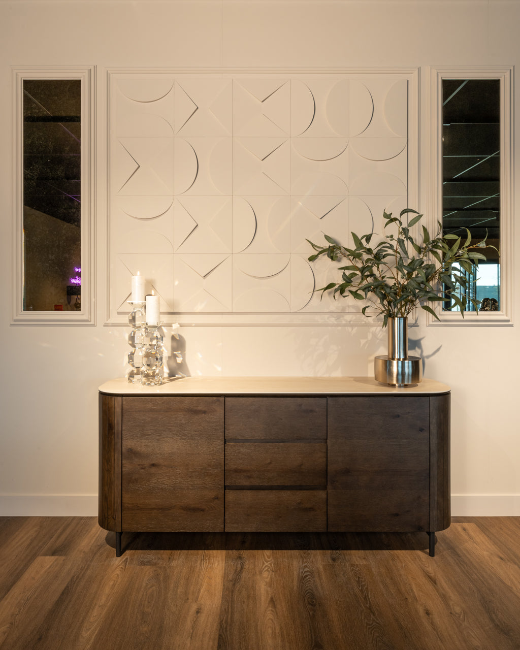 Dark Wood Sideboard with Travertine Top – Modern Storage Cabinet