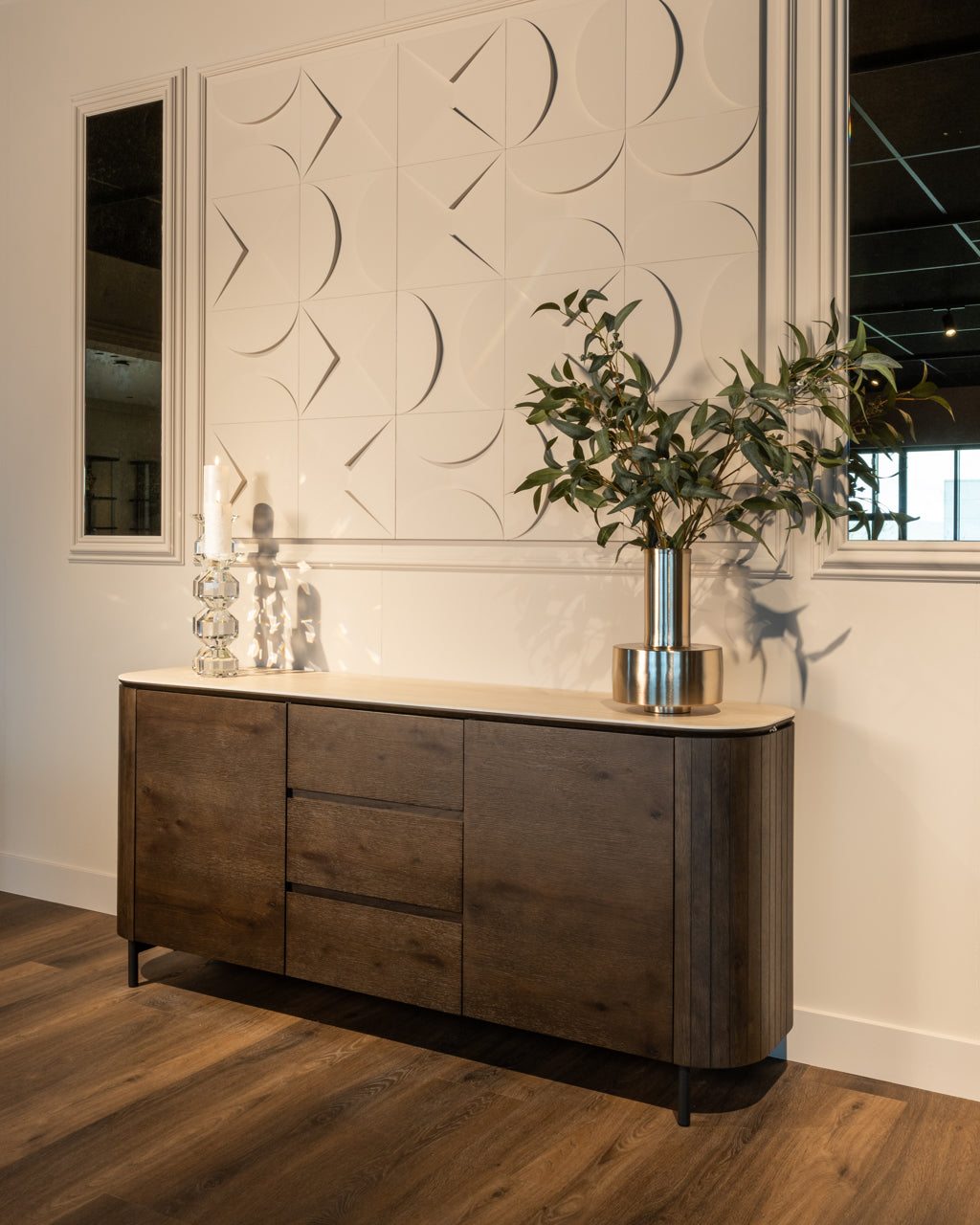 Dark Wood Sideboard with Travertine Top – Modern Storage Cabinet