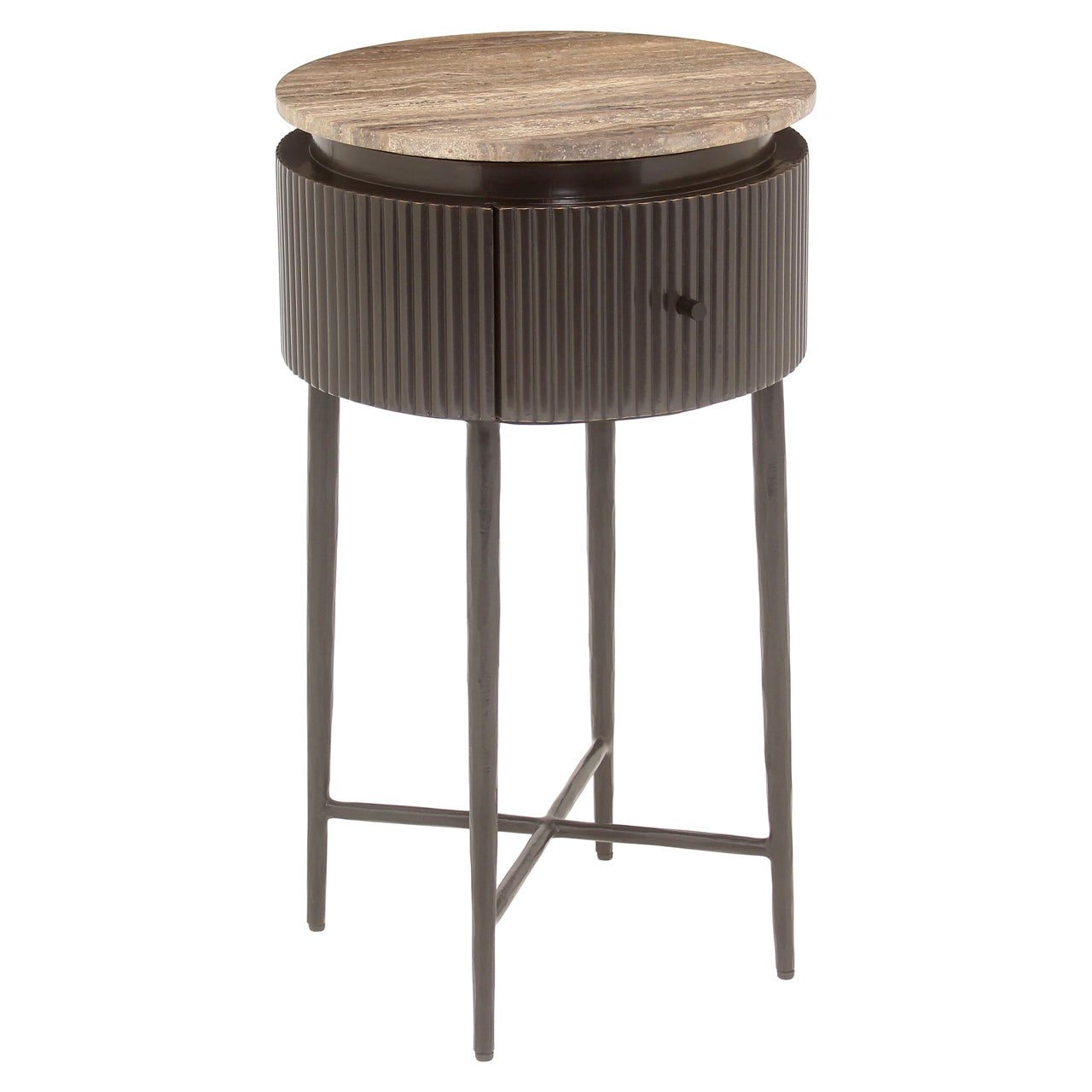 Modern round side table brown wood with stone top and slim legs
