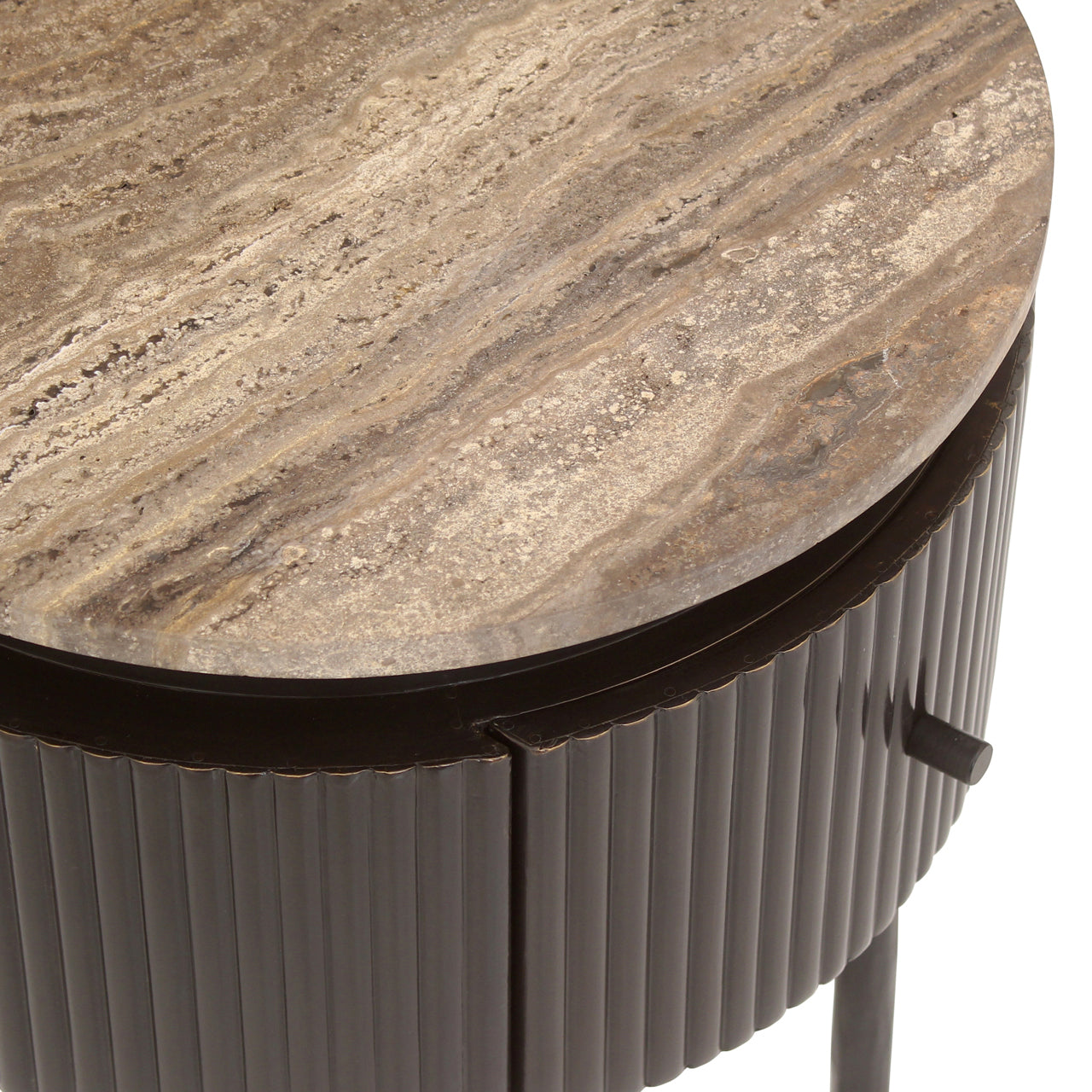 Modern round side table brown wood with stone top and slim legs