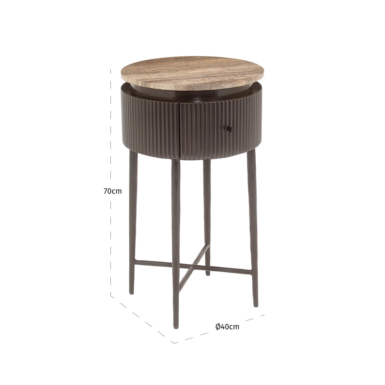 Modern round side table brown wood with stone top and slim legs