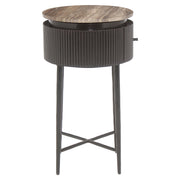 Modern round side table brown wood with stone top and slim legs