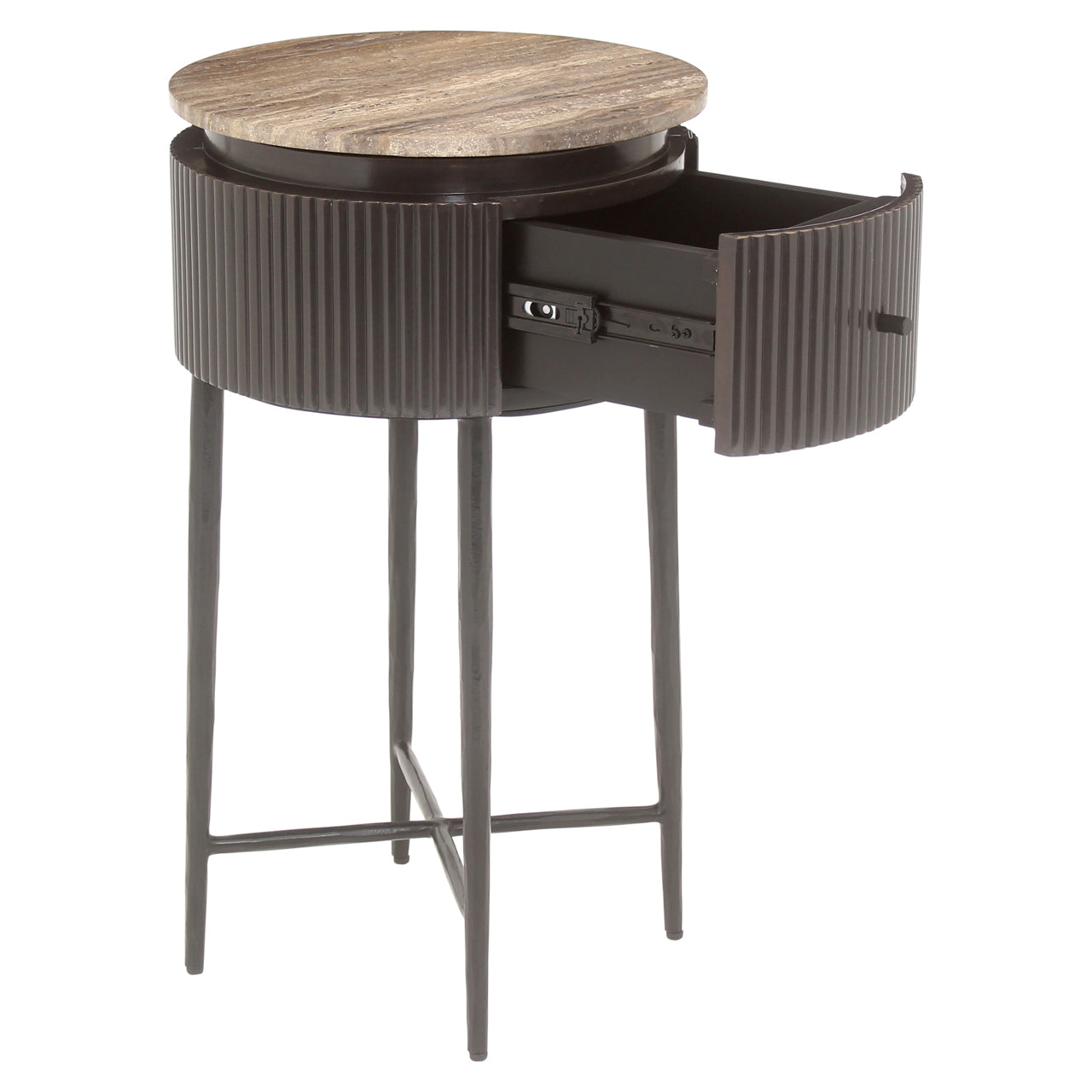 Modern round side table brown wood with stone top and slim legs