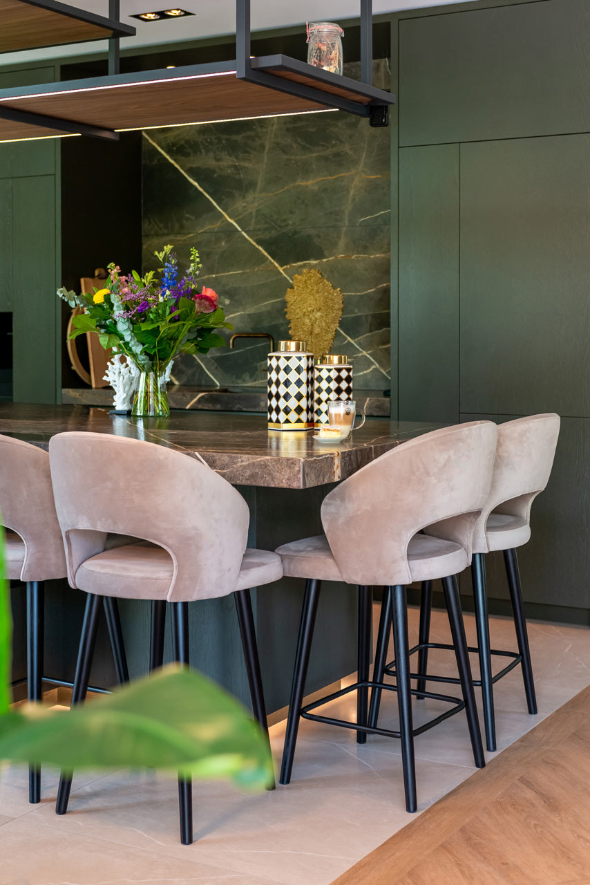 Modern khaki velvet bar stool with curved back and metal legs