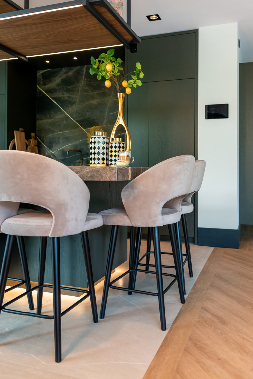 Modern khaki velvet bar stool with curved back and metal legs