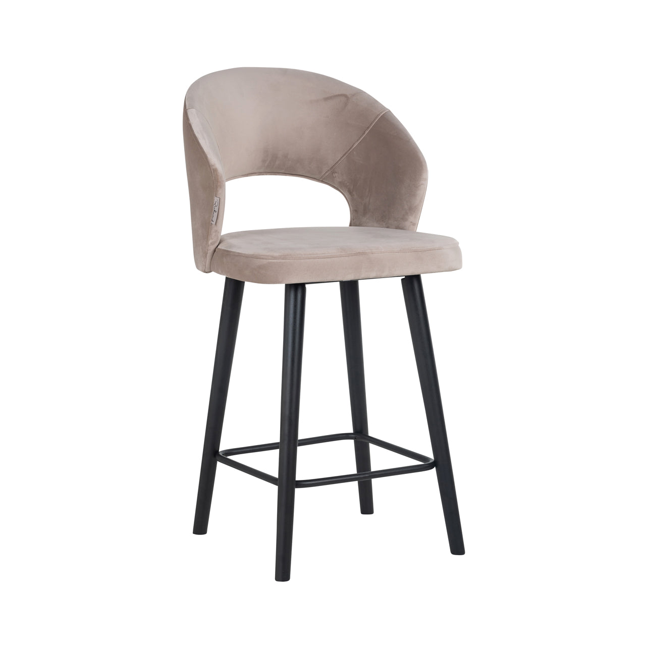 Modern khaki velvet bar stool with curved back and metal legs