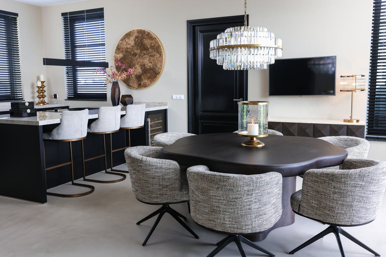 Upholstered bar stool set with warm metal base