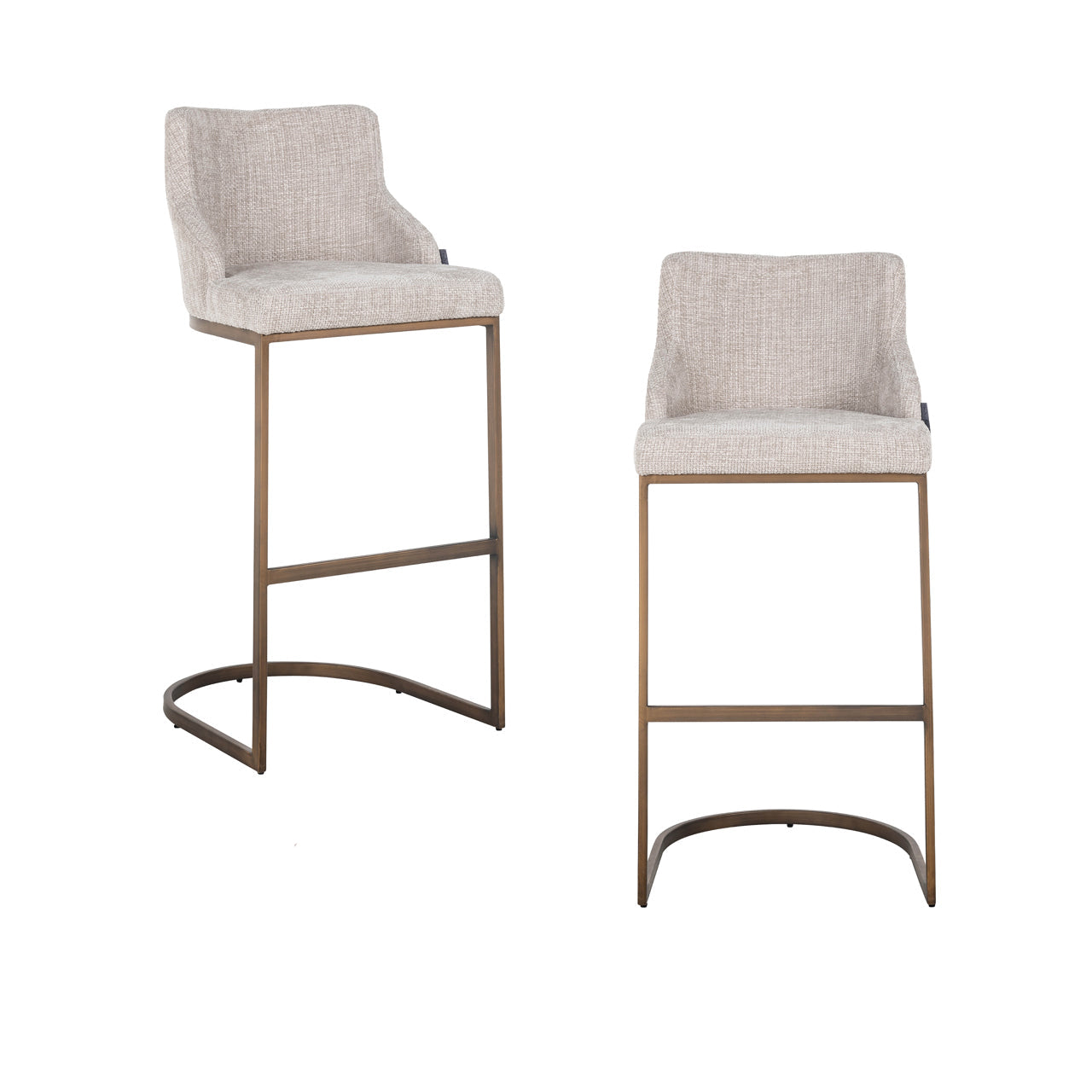 Upholstered bar stool set with warm metal base