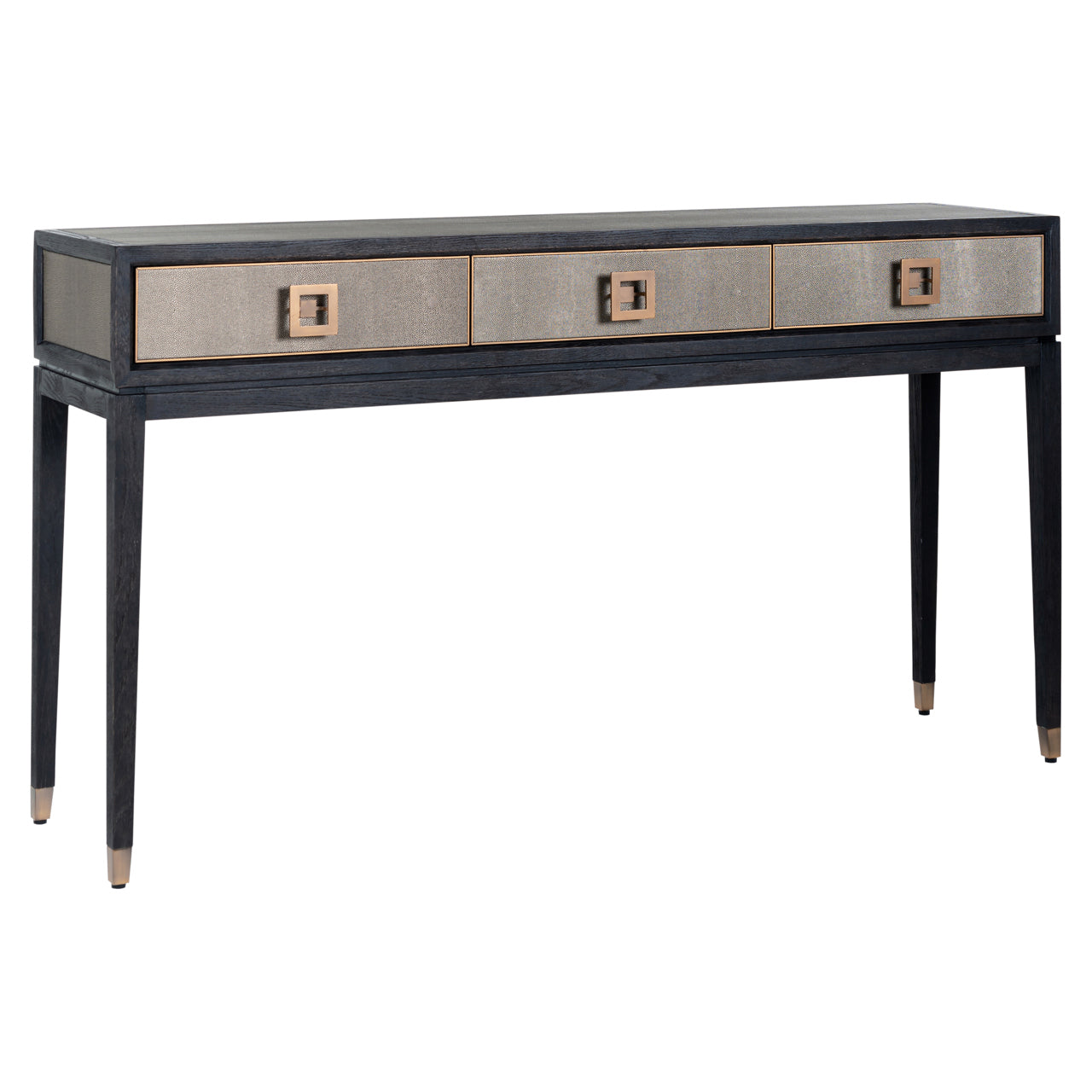 Shagreen and wood console table with drawers and gold handles