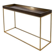 Sloane console table with dark wood tray top and slim antique brass frame