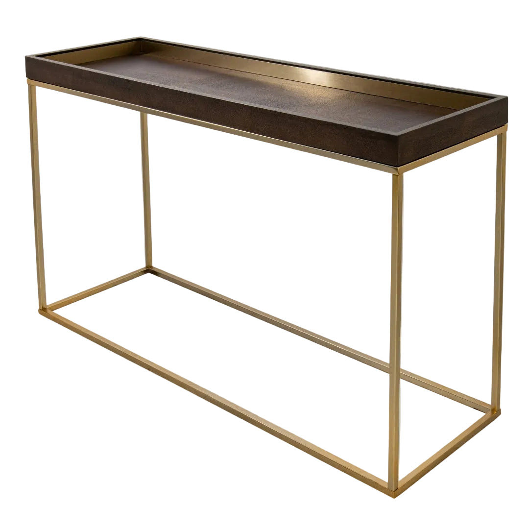 Sloane console table with dark wood tray top and slim antique brass frame