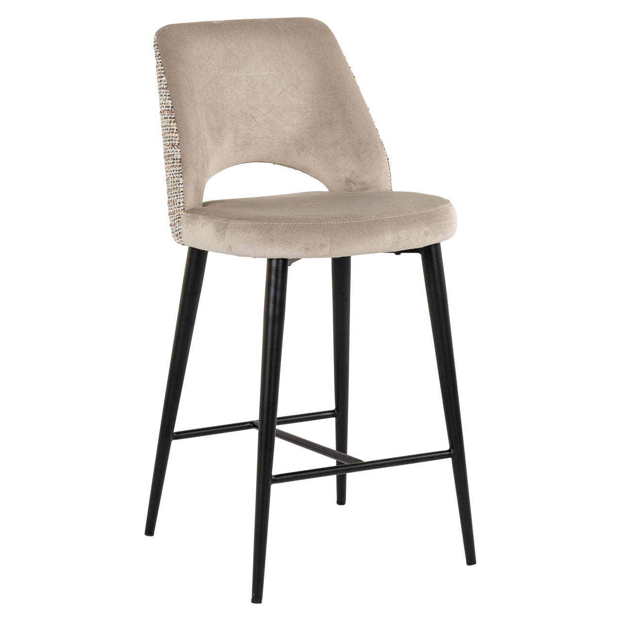 Modern Upholstered Counter Stool in Taupe with Black Metal Legs