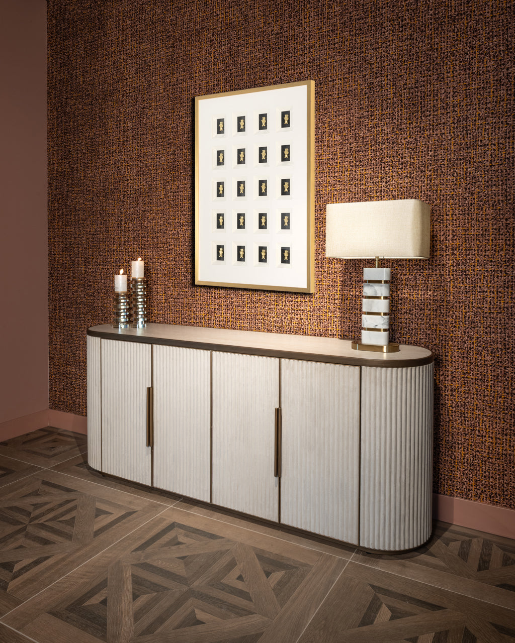 Cream Textured Sideboard with Ceramic Top – Modern Luxe Storage Cabinet with Gold Handles