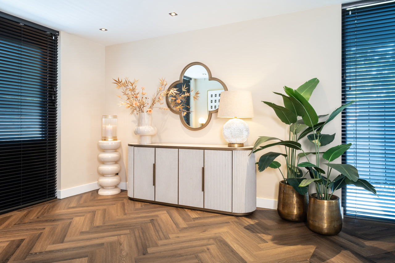 Cream Textured Sideboard with Ceramic Top – Modern Luxe Storage Cabinet with Gold Handles