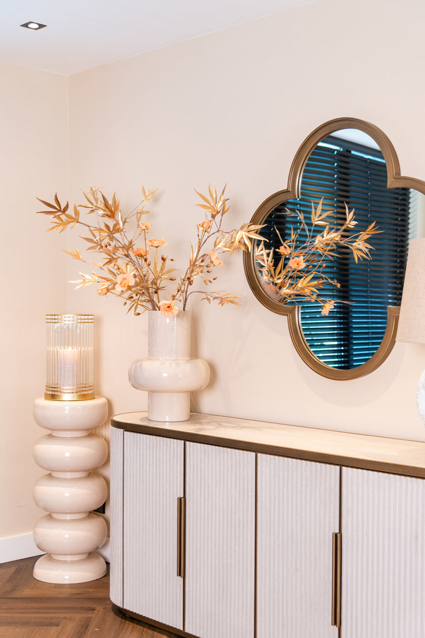 Cream Textured Sideboard with Ceramic Top – Modern Luxe Storage Cabinet with Gold Handles
