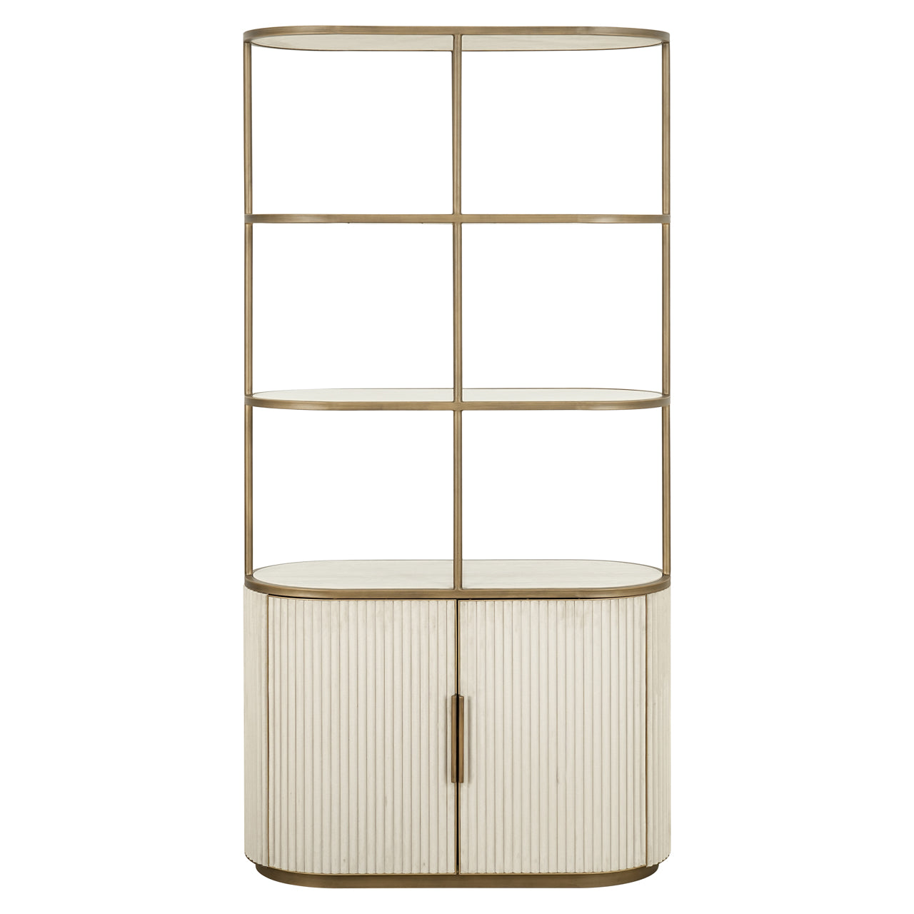 Modern display cabinet with ceramic top, open shelving and gold metal frame.