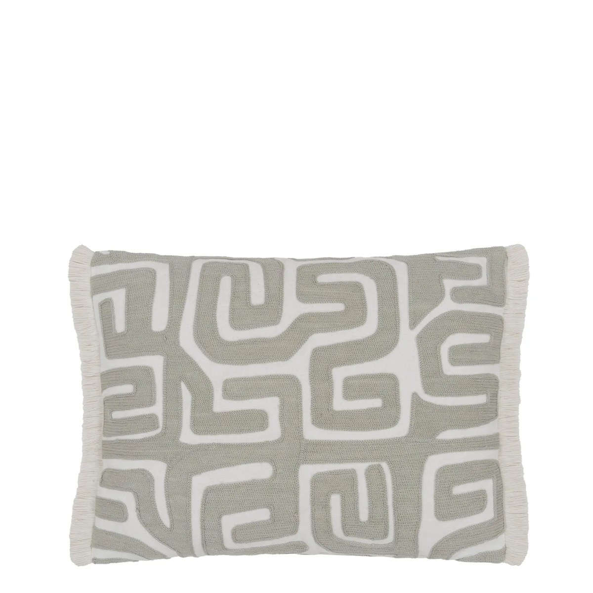Sepia geometric embroidered cushion with fringe trim.