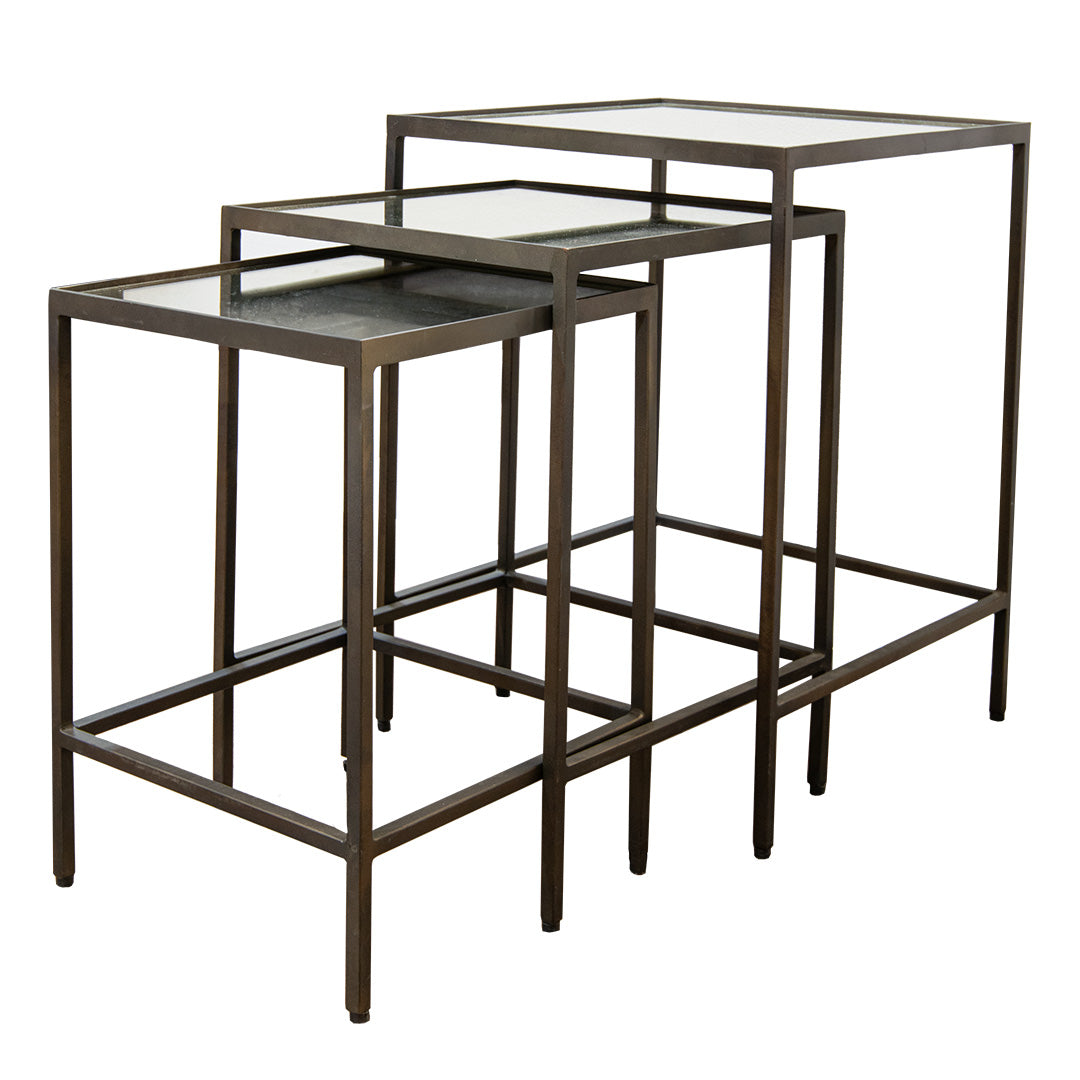 Set of three mirrored top nesting tables 