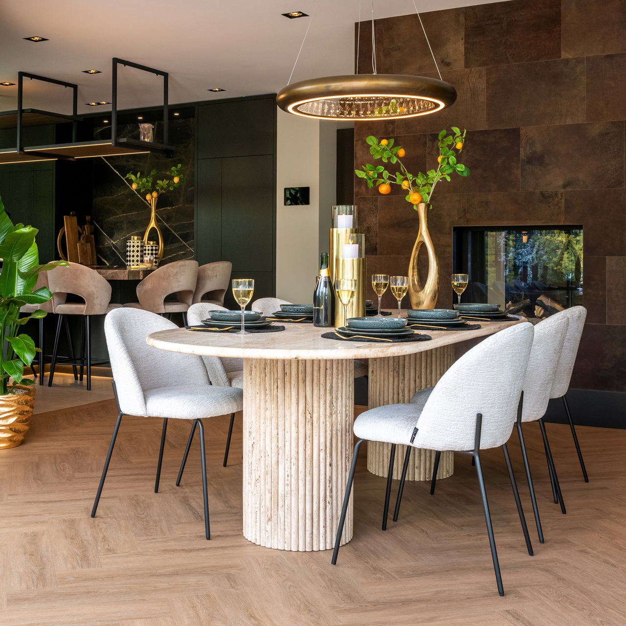 Modern khaki velvet bar stool with curved back and metal legs