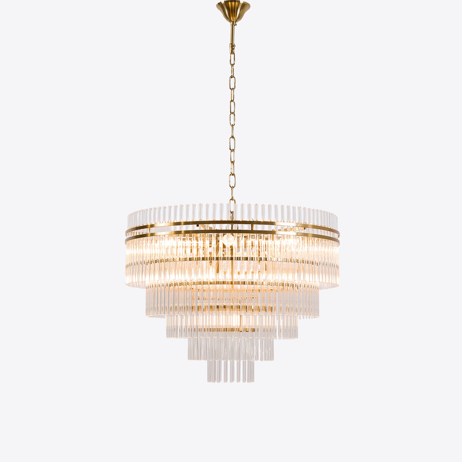Tiered crystal glass chandelier with gold frame and chain suspension