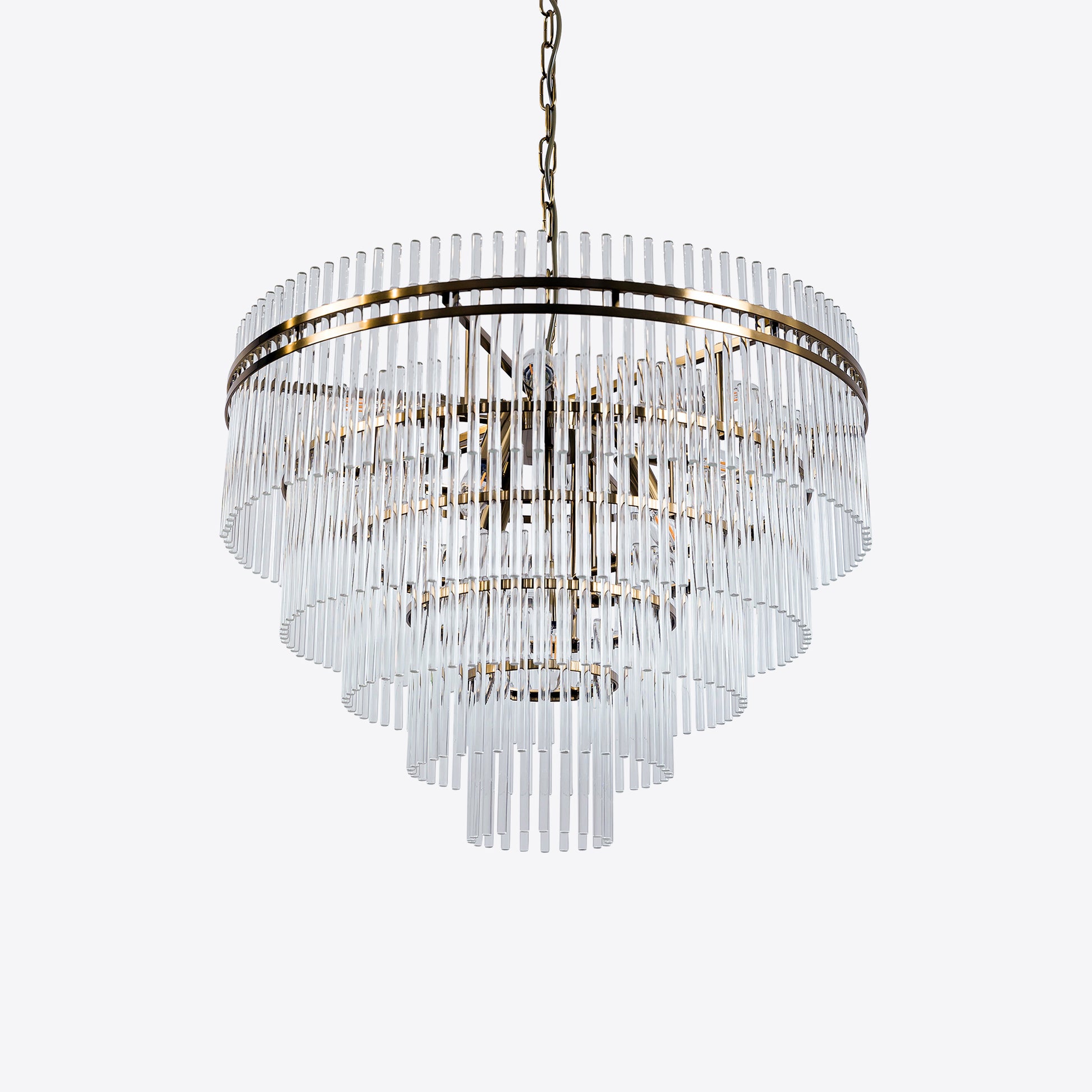 Tiered crystal glass chandelier with gold frame and chain suspension