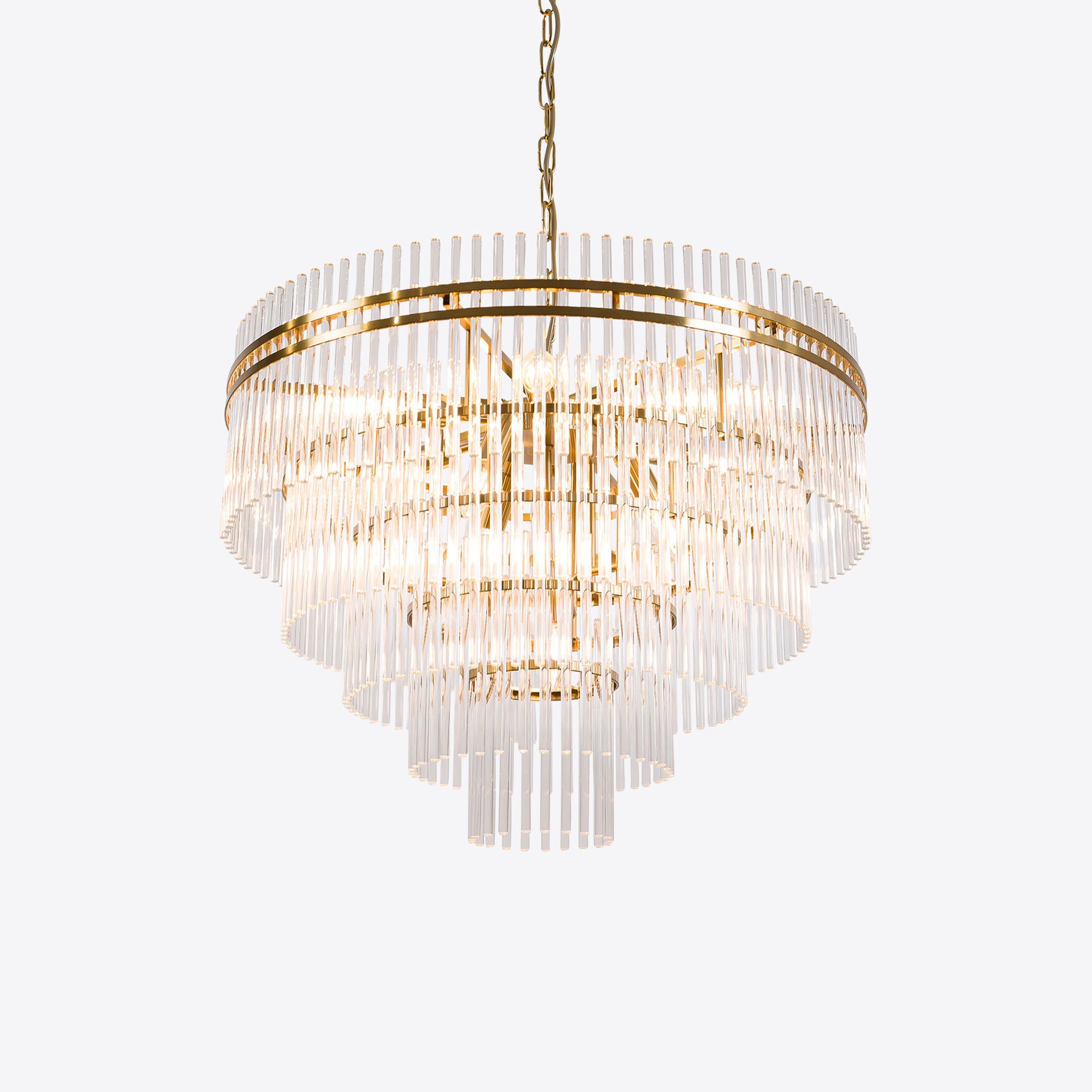 Tiered crystal glass chandelier with gold frame and chain suspension