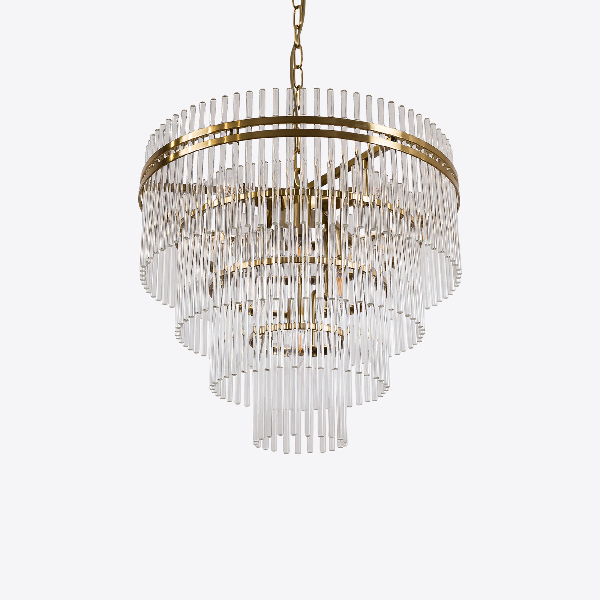 Tiered crystal glass chandelier with gold frame and chain suspension