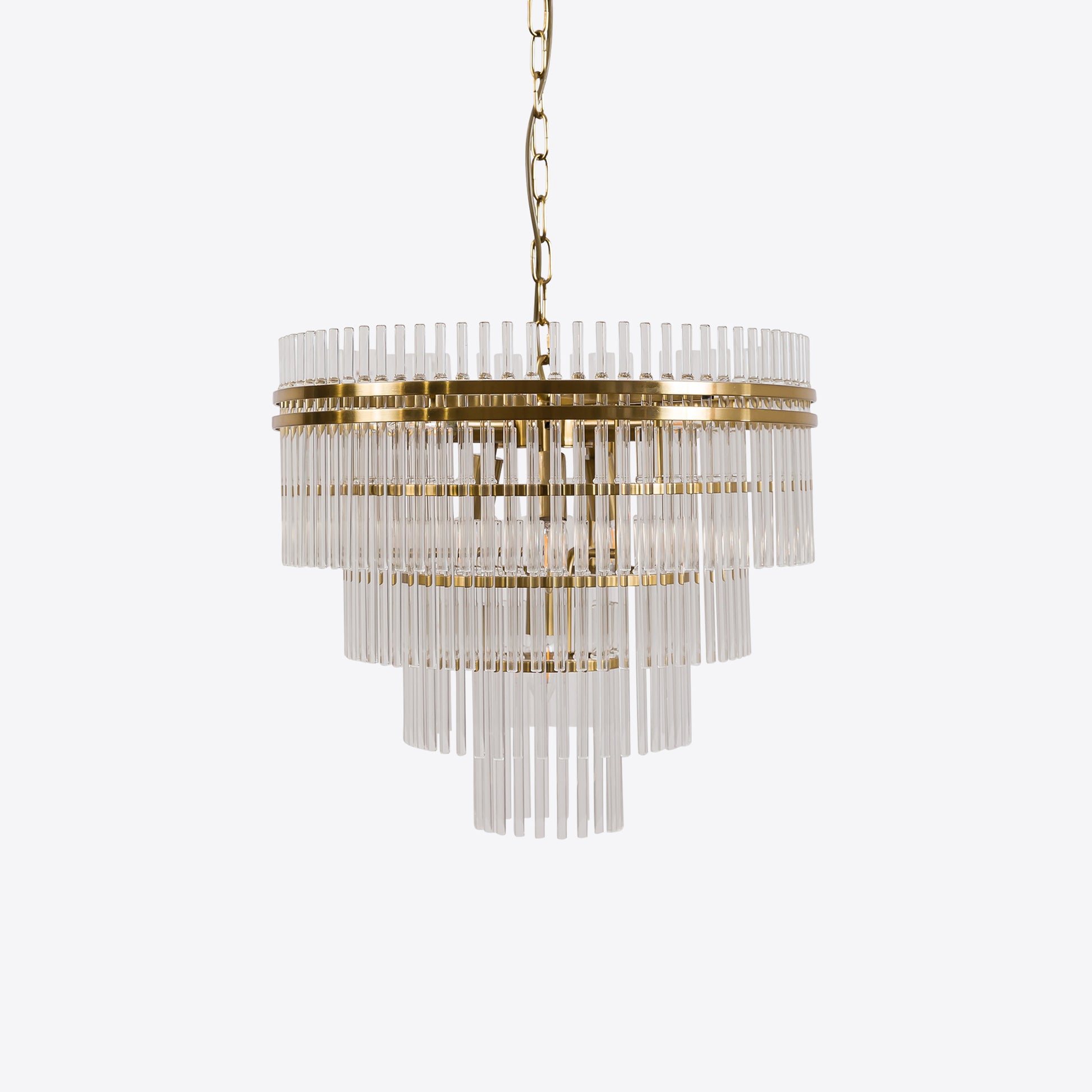 Tiered crystal small glass chandelier with gold frame and chain suspension