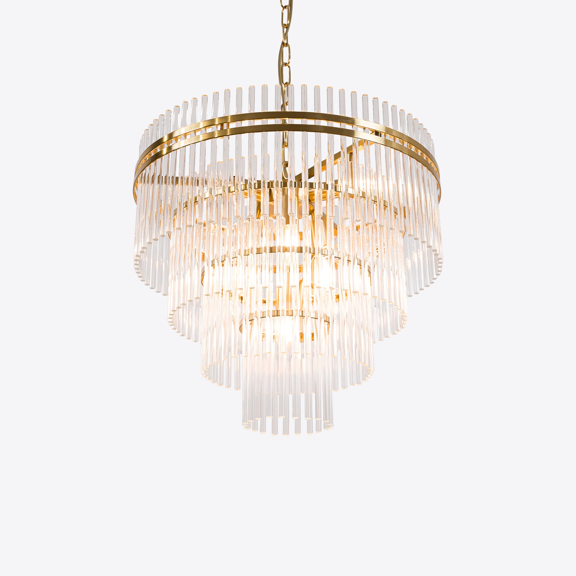 Tiered crystal glass chandelier small with gold frame and chain suspension