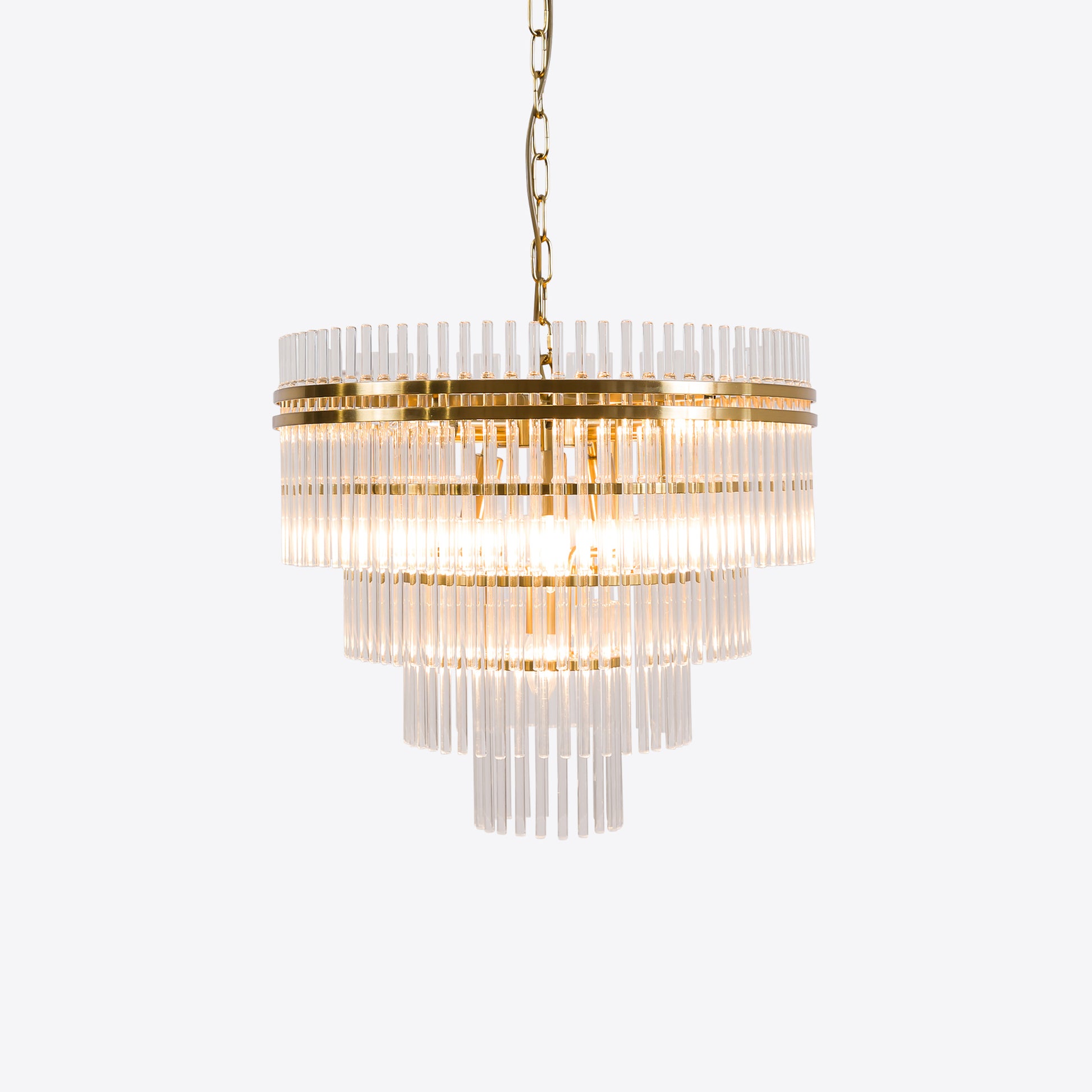 Tiered crystal small glass chandelier with gold frame and chain suspension