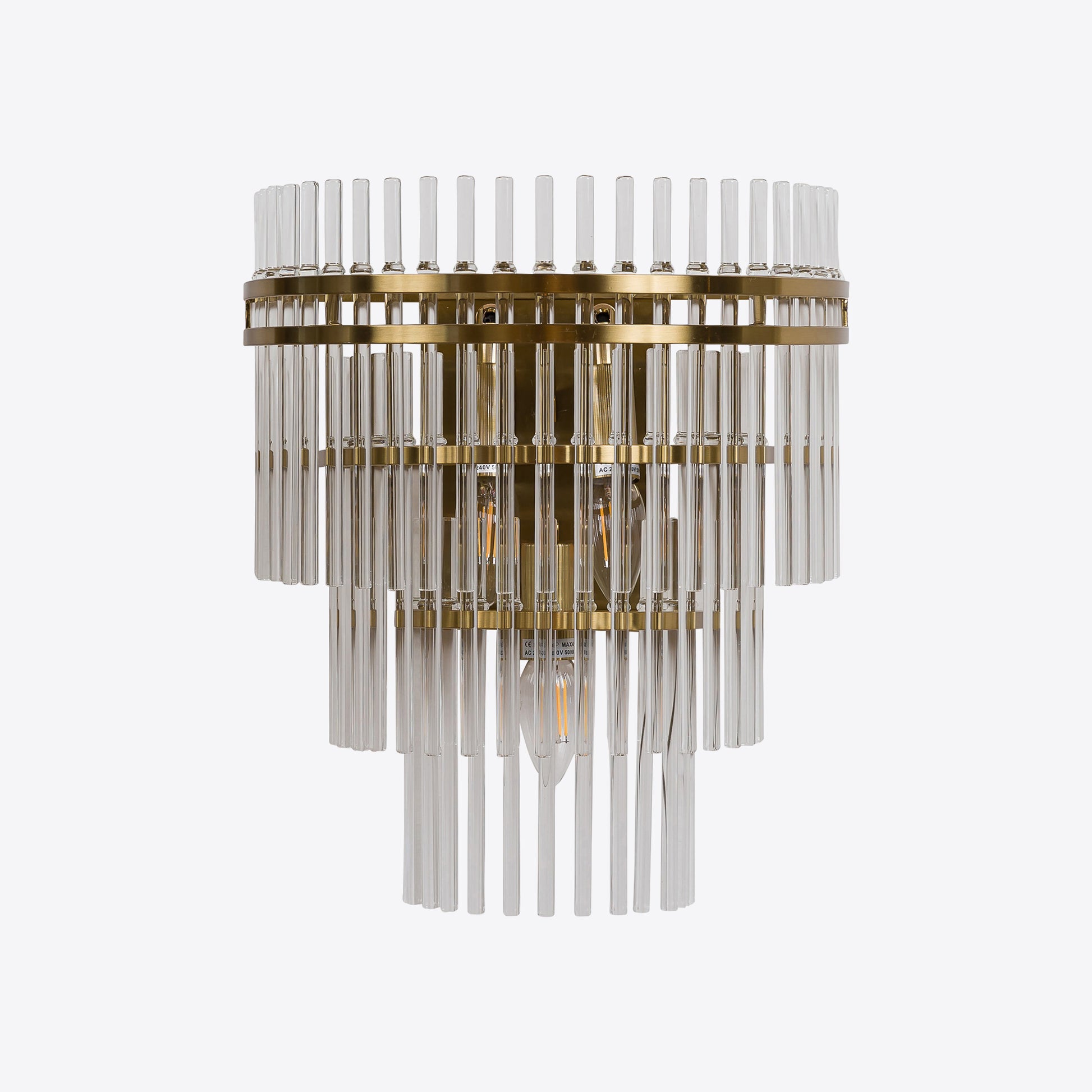 Luxury wall light with clear glass rods and brushed gold frame