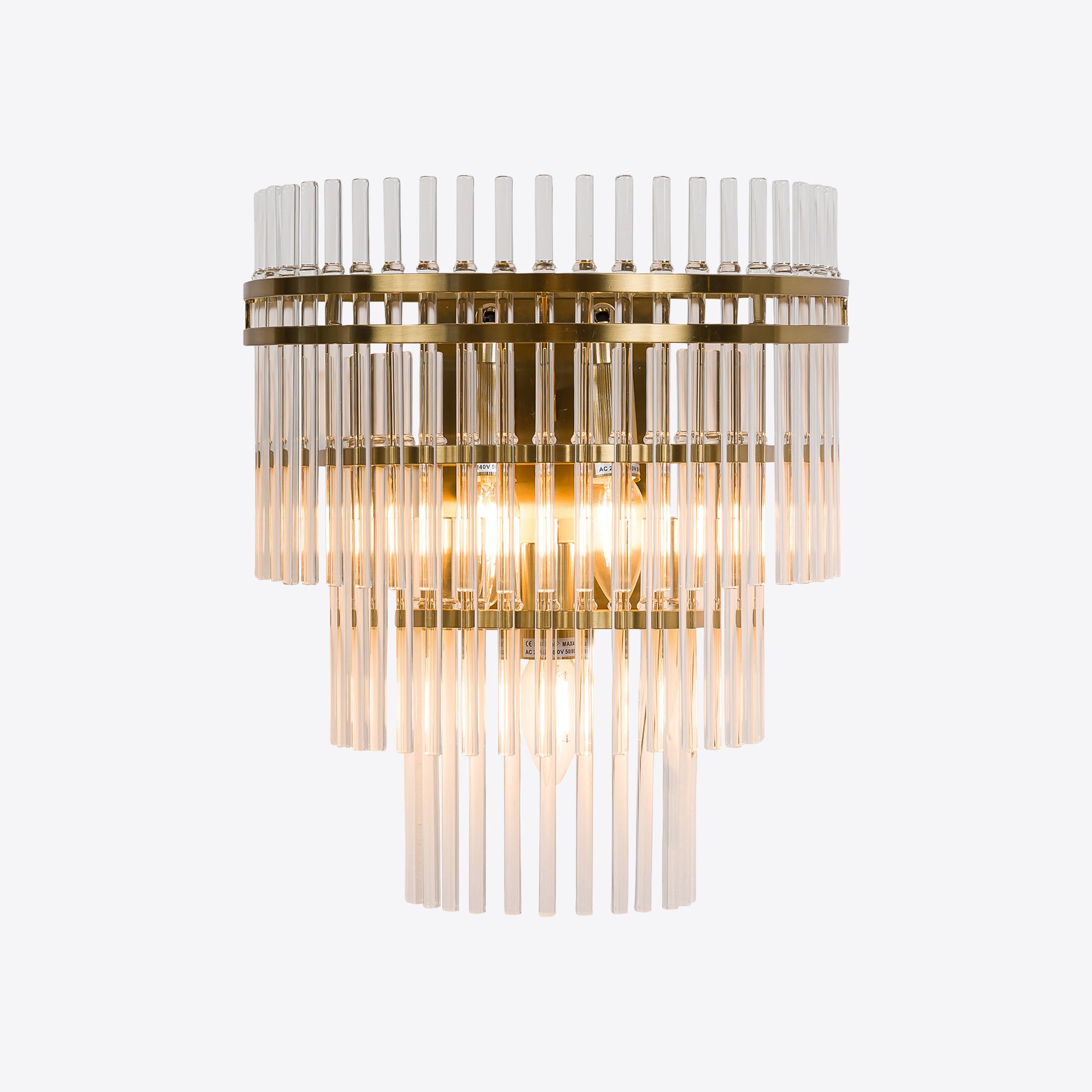 Luxury wall light with clear glass rods and brushed gold frame