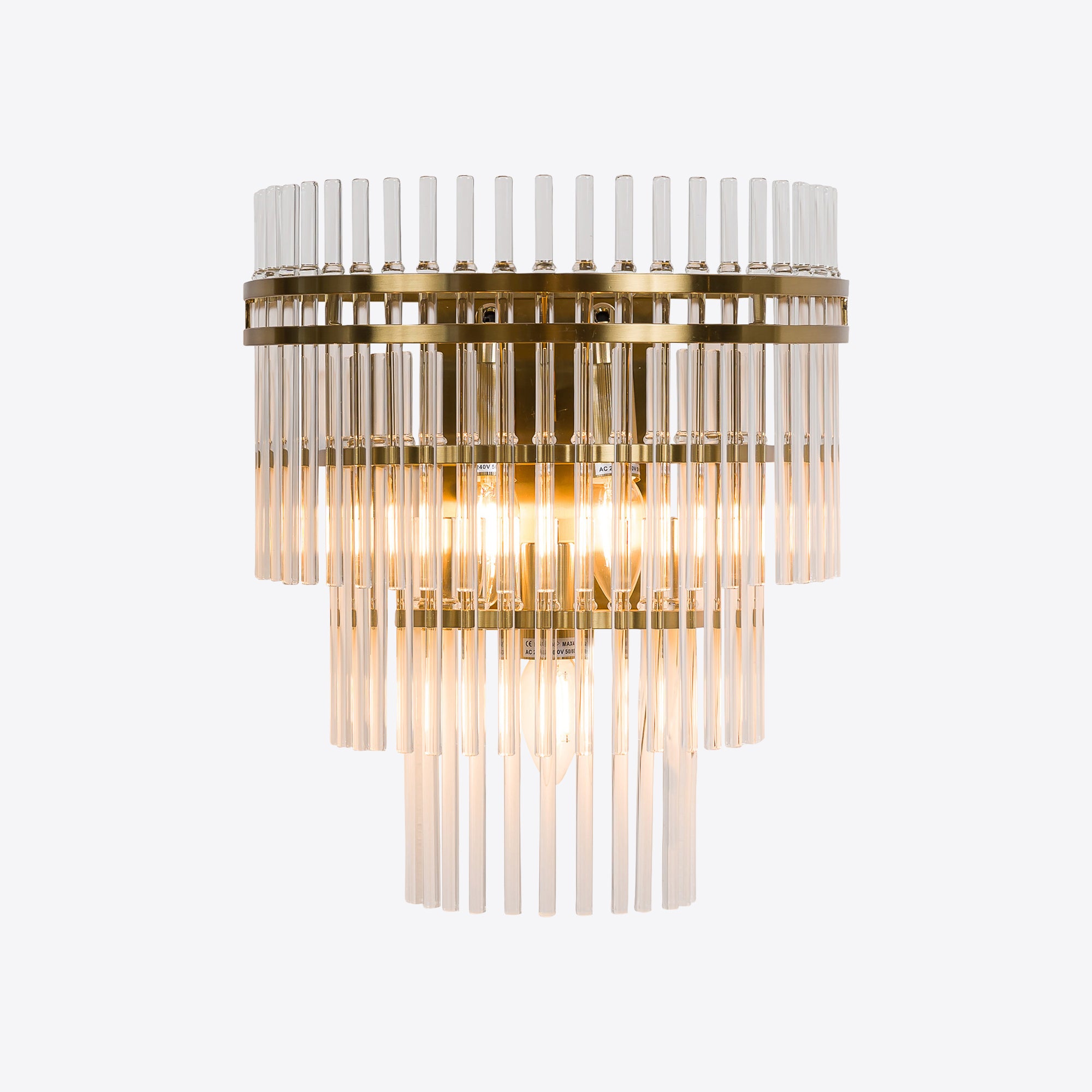 Luxury wall light with clear glass rods and brushed gold frame