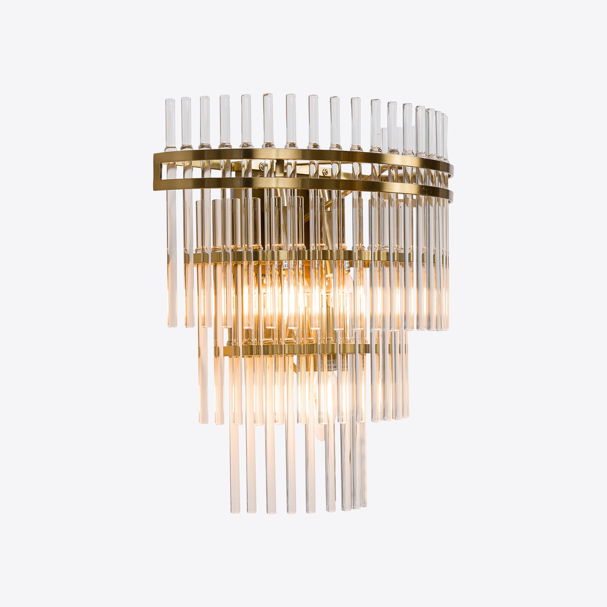 Luxury wall light with clear glass rods and brushed gold frame