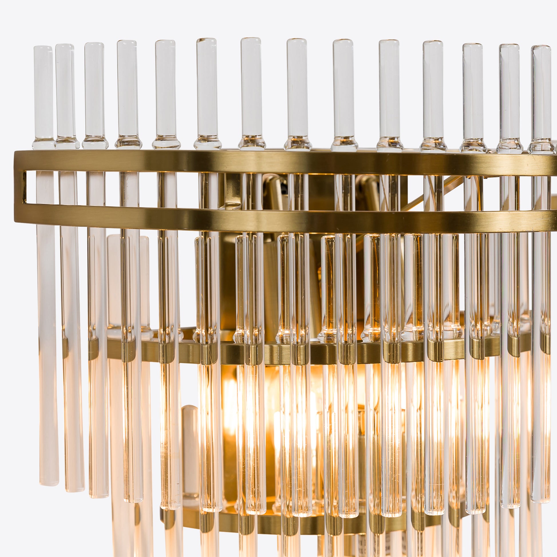 Luxury wall light with clear glass rods and brushed gold frame
