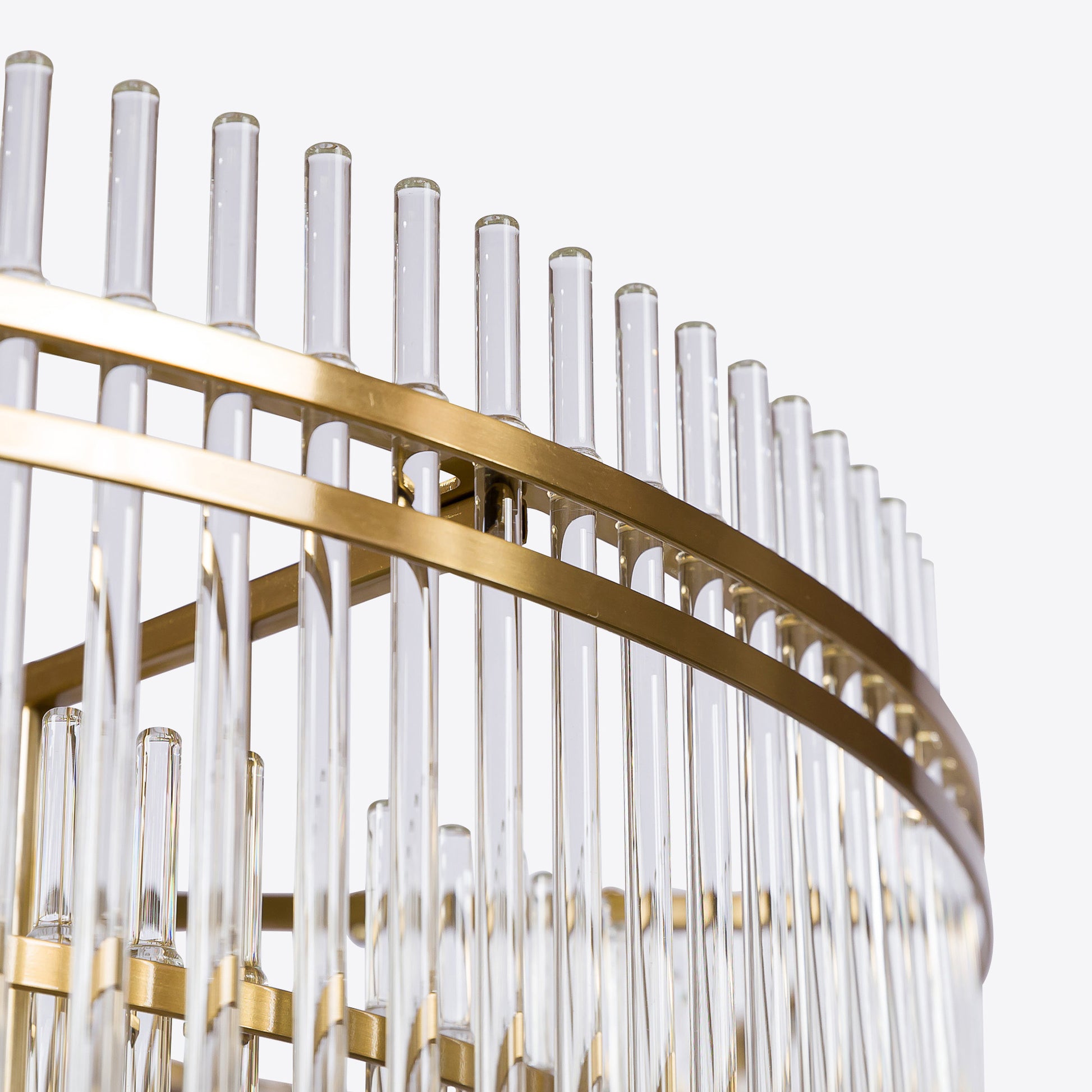 Tiered crystal glass chandelier with gold frame and chain suspension