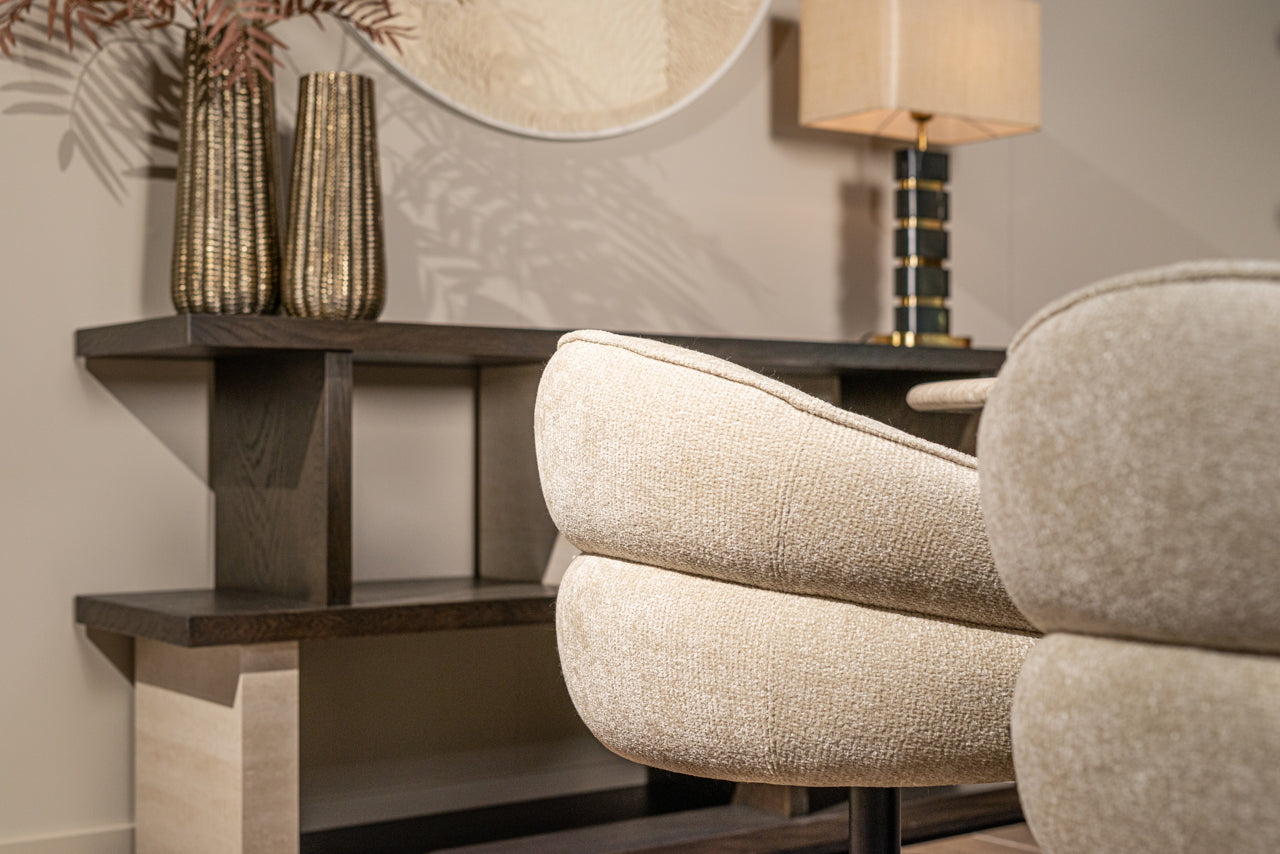 Luxury dark wood shelving console table with marble effect columns