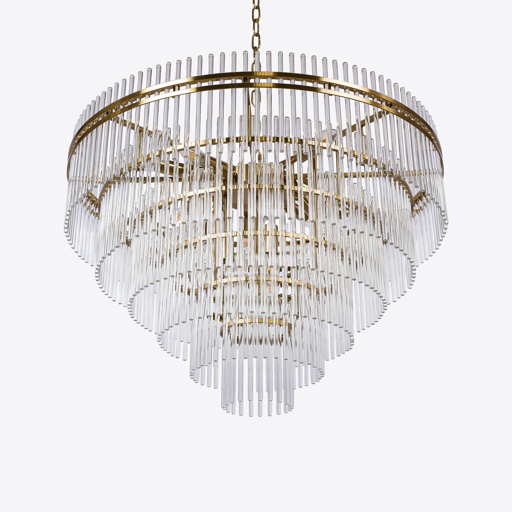 Tiered crystal glass chandelier with gold frame and chain suspension