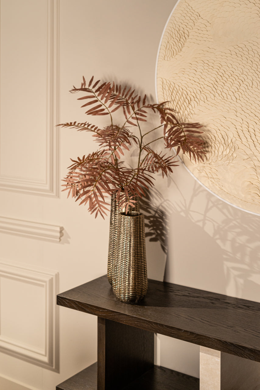 Luxury dark wood shelving console table with marble effect columns