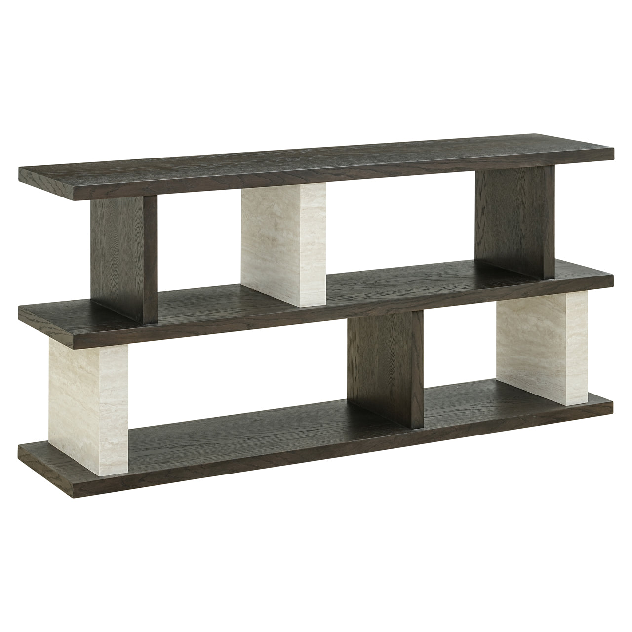 Luxury dark wood shelving console table with marble effect columns