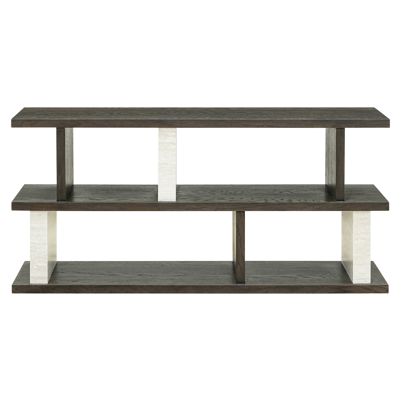 Luxury dark wood shelving console table with marble effect columns