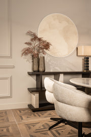 Luxury dark wood shelving console table with marble effect columns