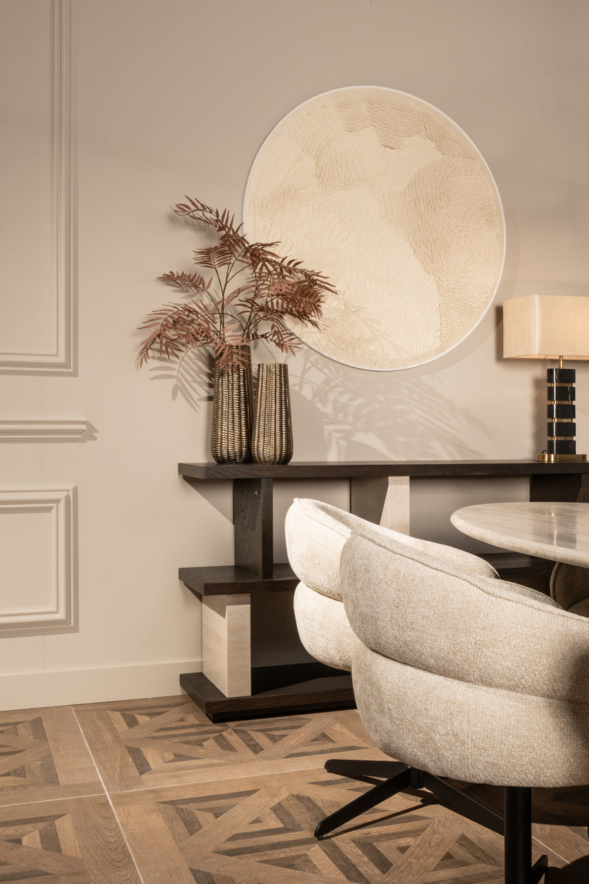 Luxury dark wood shelving console table with marble effect columns