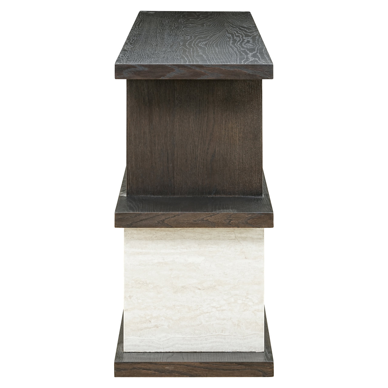 Luxury dark wood shelving console table with marble effect columns