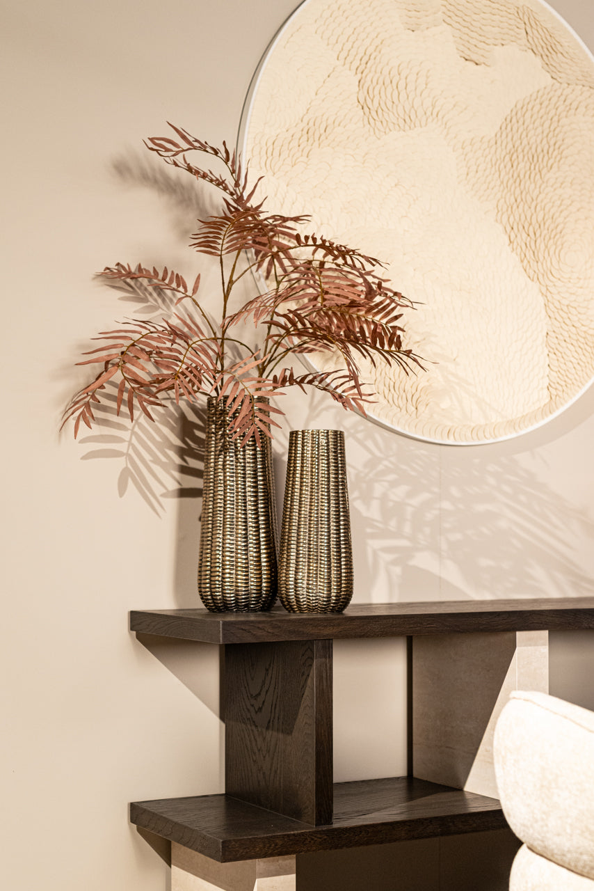 Luxury dark wood shelving console table with marble effect columns