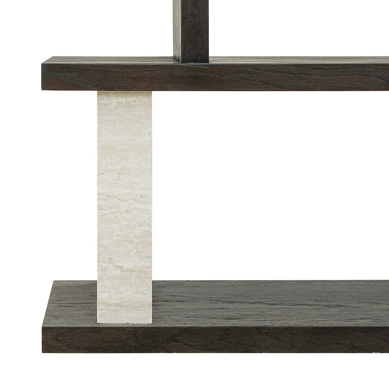 Luxury dark wood shelving console table with marble effect columns