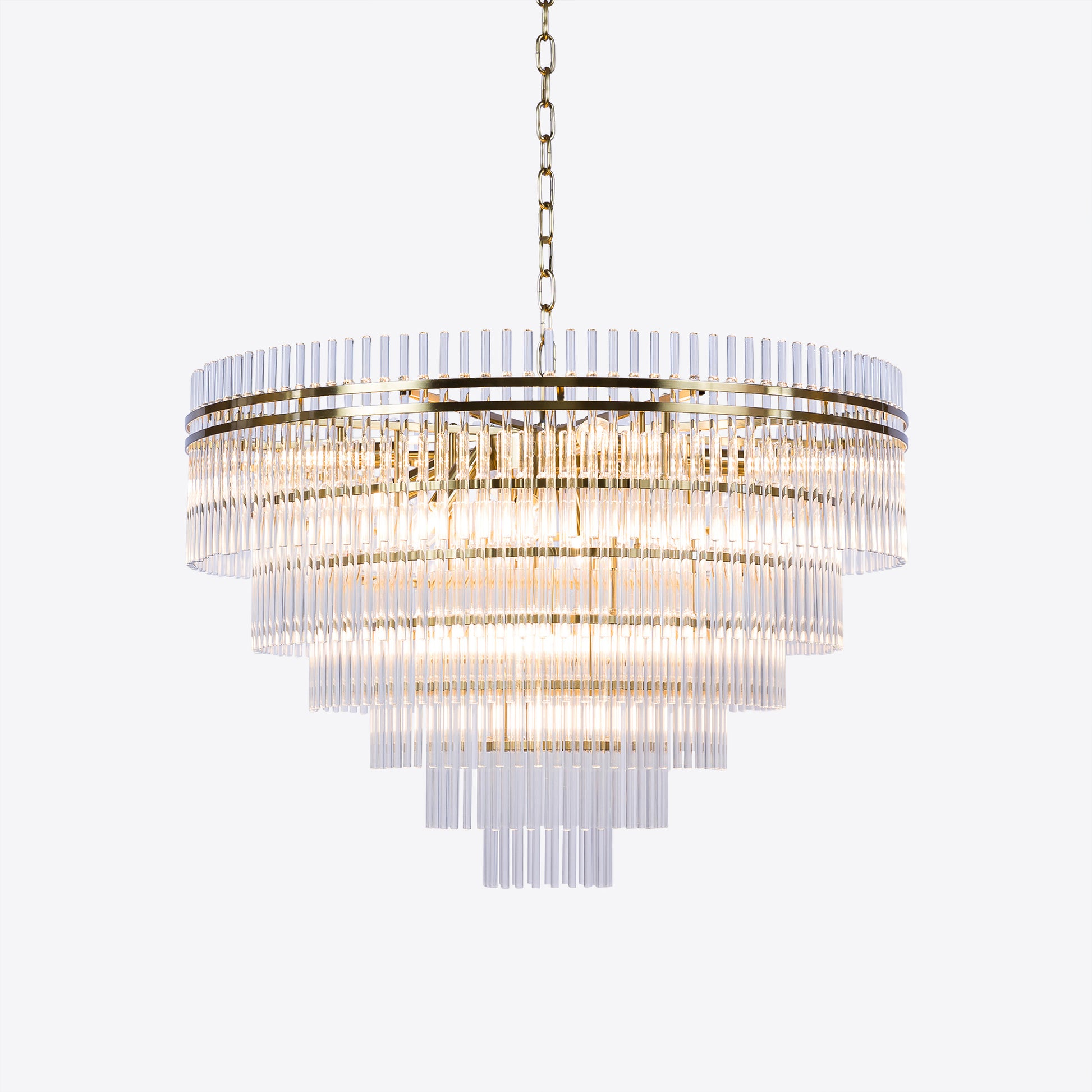 Tiered crystal glass chandelier with gold frame and chain suspension